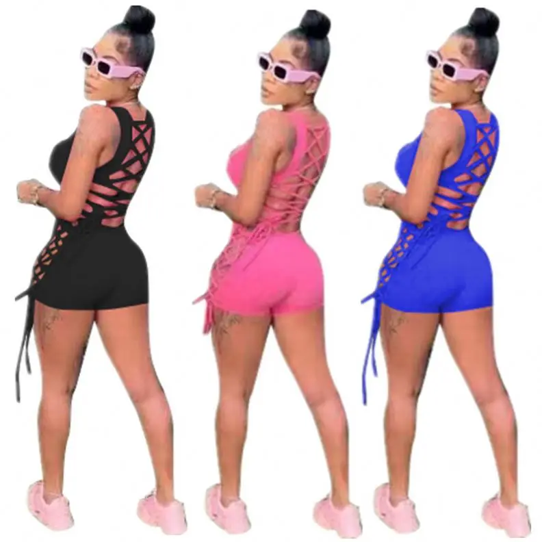 

Wholesale Solid Color Backless Summer Women Cut Out Shorts Jumpsuit Bandage Short Rompers