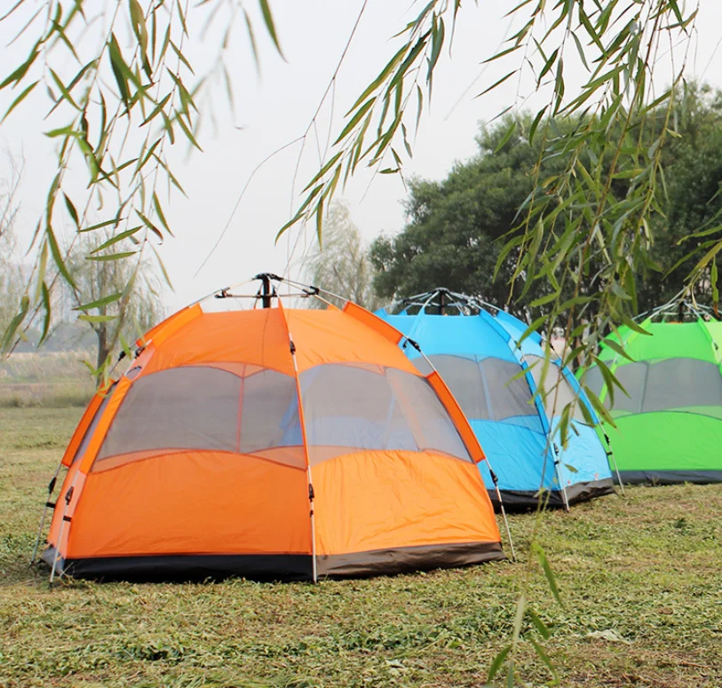 

Automatic Hydraulic Hexagonal 3-4 Person Waterproof And Windproof Large Family Camping Tent With Mesh Window, As picture