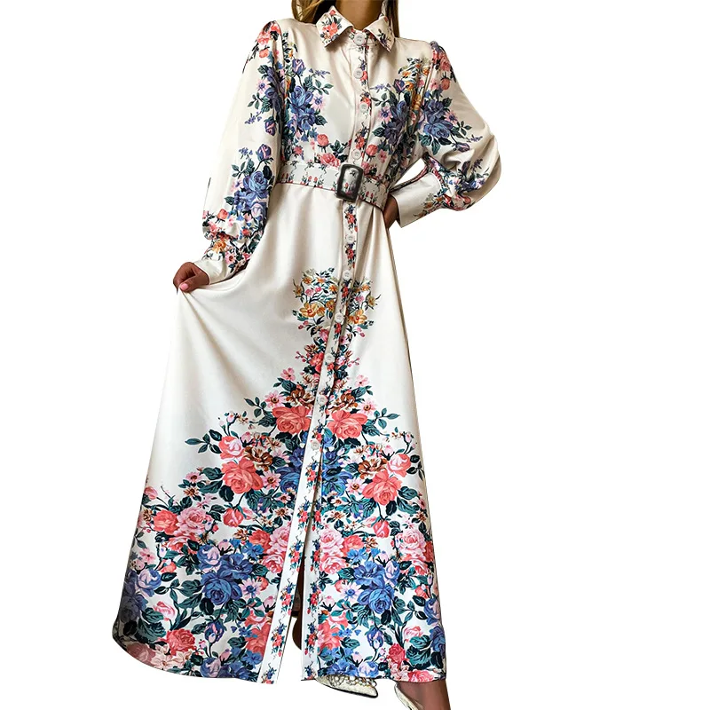 

Autumn Winter Elegant Vintage Retro Turn Down Colllar Floral Flower Printed Long Sleeve Party Maxi Dress