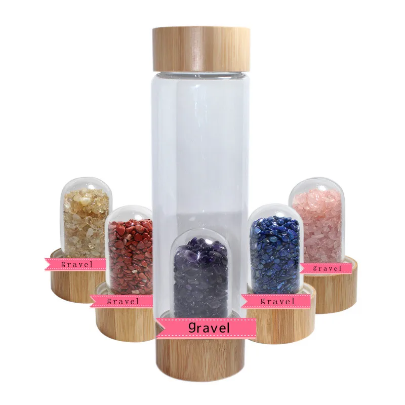 

wholesale Bamboo lid gravel natural crystal water bottle crystal infused water bottle, Picture