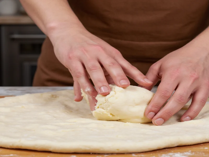 Hands shaping pizza dough ball in kitchen