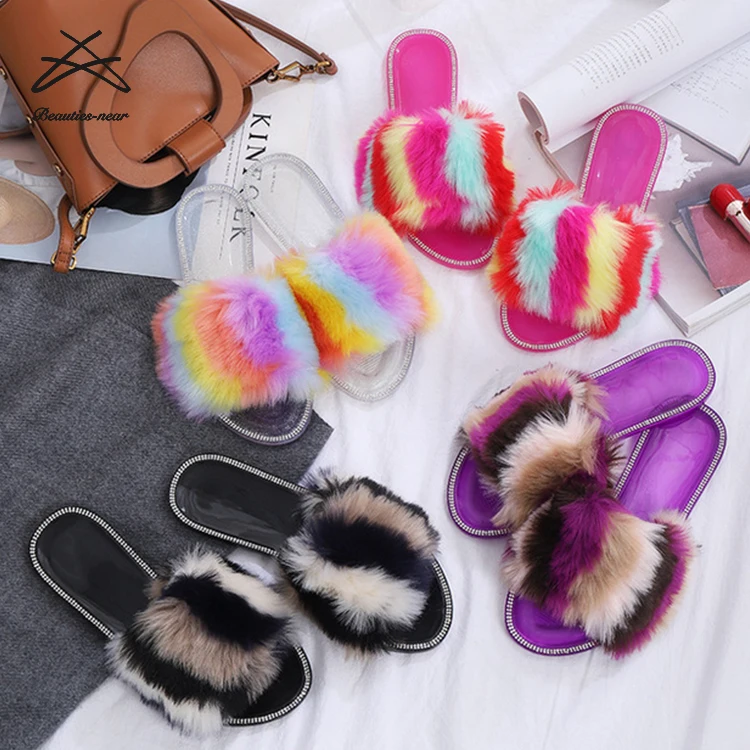 

2021 New Arrival Fashion women summer diamond rhinestone fur slide sandal lady flat furry women's slipper, Hot pink,black,purple,transparent