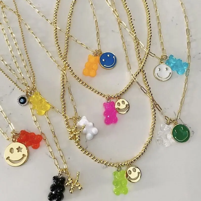 

LS-C035 New Arrival Fashion smile face with candy bear necklace, high quality gold plated chain necklace jewelry for gifts, As is