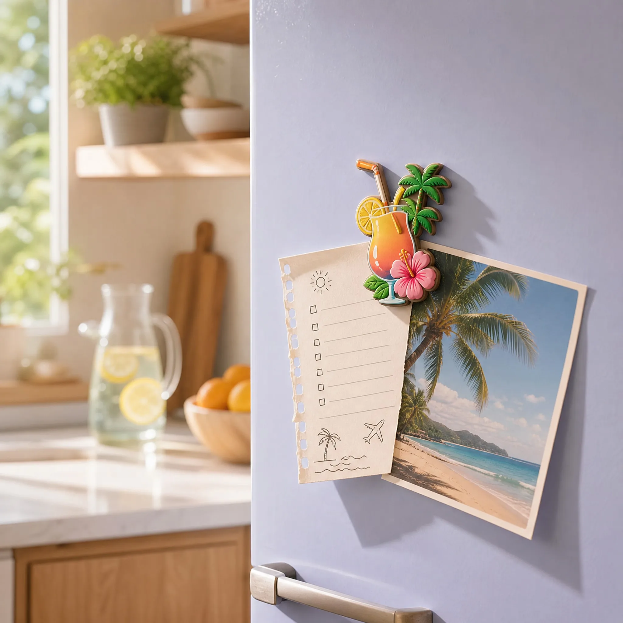 Tropical Hibiscus Cocktail Magnet Holding Summer Travel Checklist and Beach Photo in Kitchen Sunlight