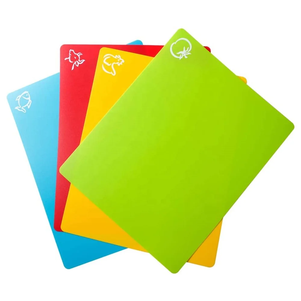 

Set of 4 BPA Free Flexible Plastic Colored Cutting Board Mats With Food Icons, Red, yellow. green,blue