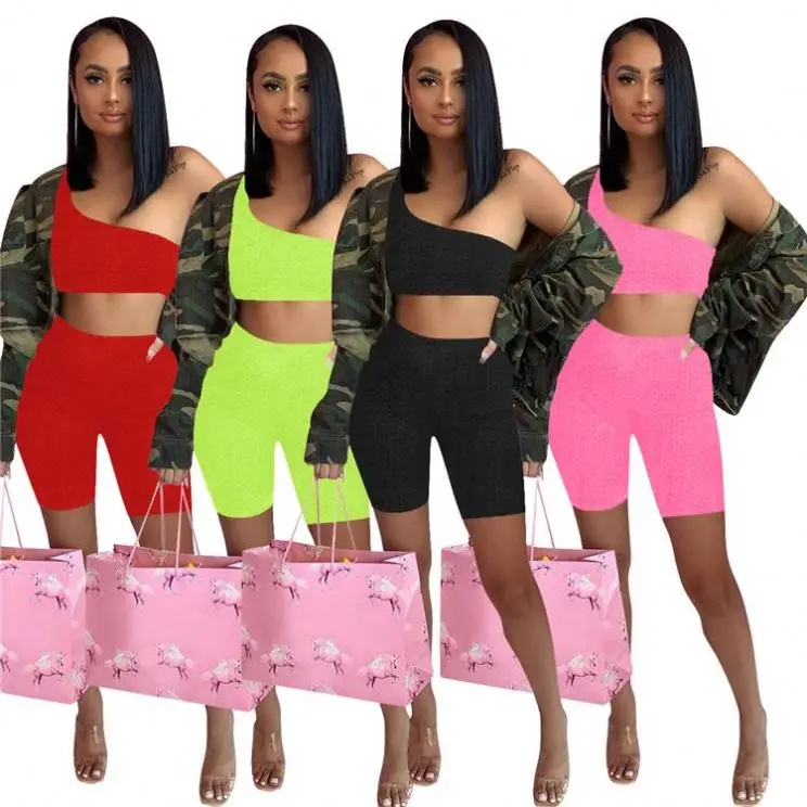 

MISSMOEN Summer Best Seller Solid One Shoulder Crop Top 2021 Woman Casual Two Piece Short Pants Set