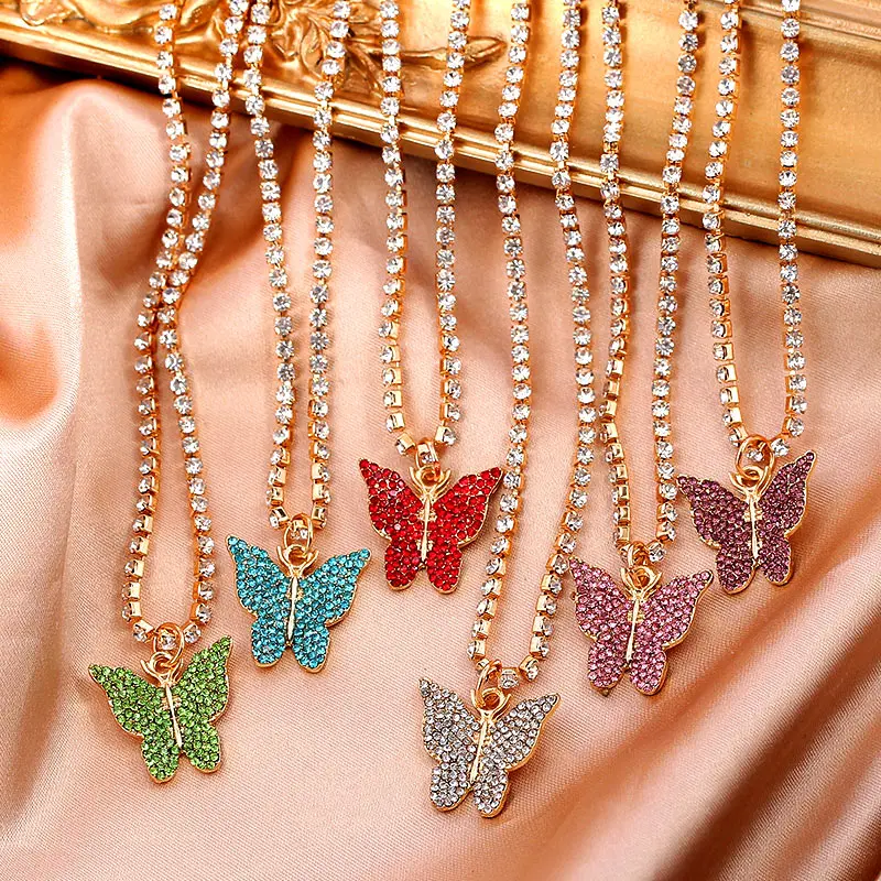 

Korean Fashion Trendy Jewelry Bling Rhinestone Tennis Chain Chocker Crystal Butterfly Pendant Necklace For Girls, 12 color