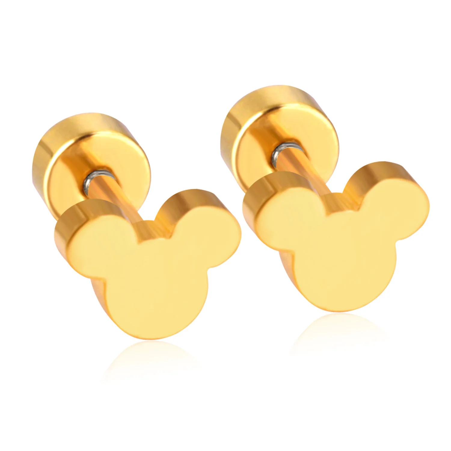 

HongTong Factory Stock Wholesale Fashion New Stainless Steel Gold And Silver Two-Color Screw Plug Mickey Head Stud Earrings, Picture shows