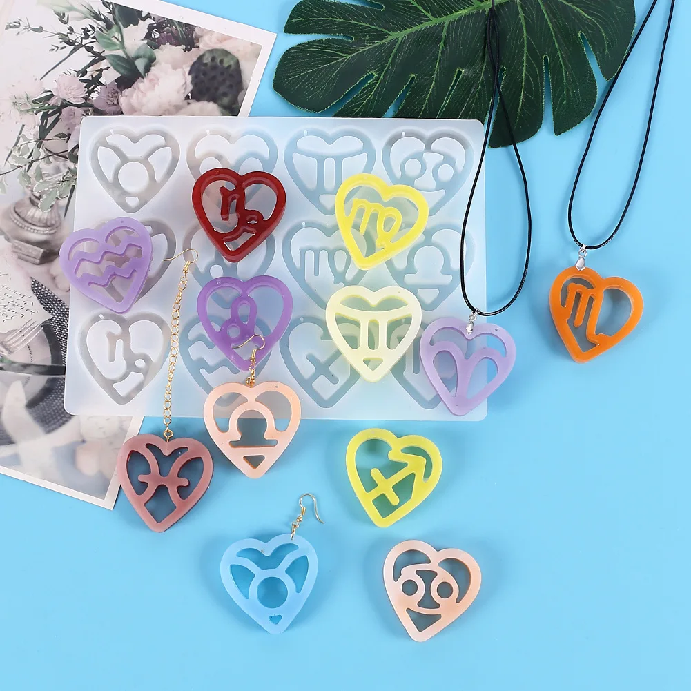 

DIY Crystal Epoxy Silicone Mold Twelve Constellation Pendant Mold Love Earrings, Mirror Silicone Mold