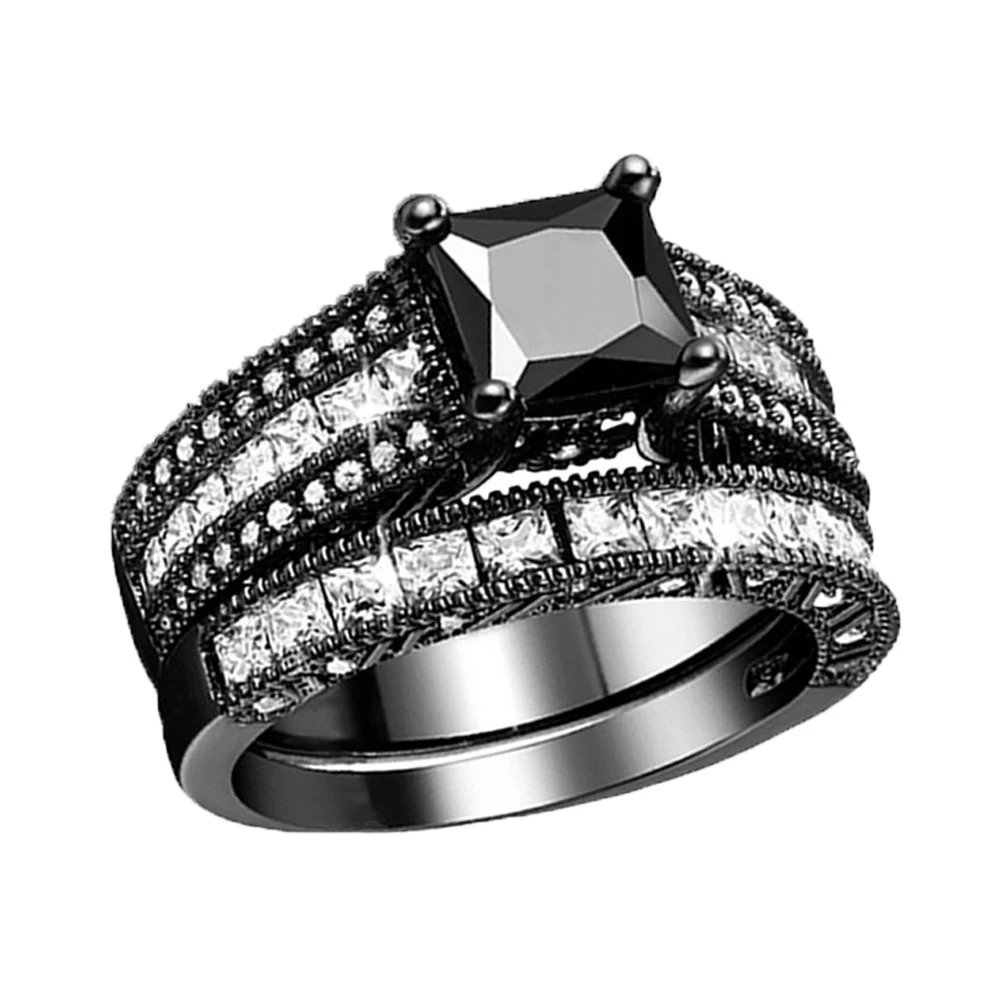 

2PCS/Set Princess Cut Black Cubic Zirconia Diamond Bridal Wedding Engagement Titanium Ring Sets for Women Birthday Gift