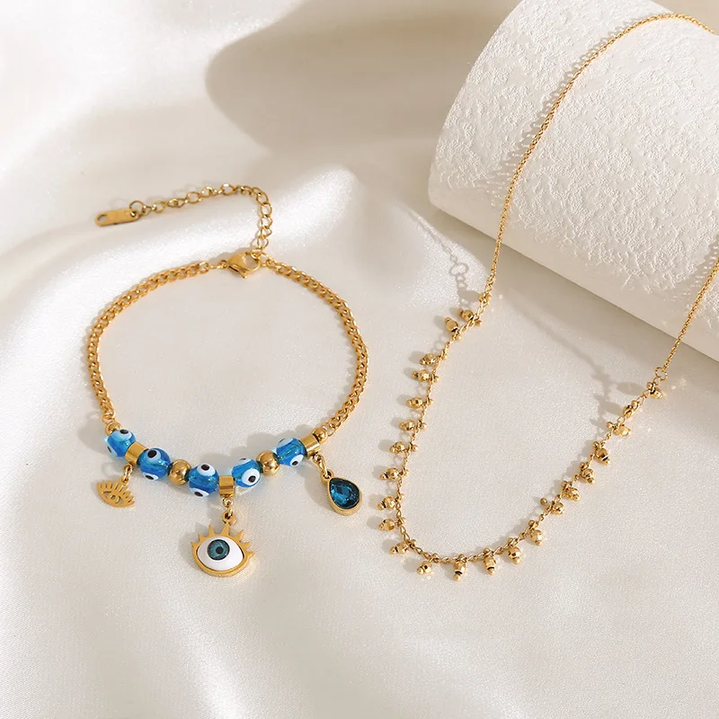 

Best Selling Blue Gemstone Water Drop Pendant Beaded Bracelet Women 18k Gold Cuban Chain Evil Eyes Stainless Steel Bracelets