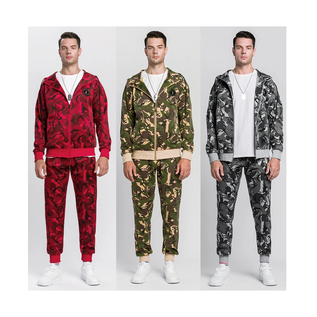 

JS58 new arrivals camouflage print winter sport jogging wear casual mens sweatsuit sets 2 piece sweatpants and hoodie set, As shown