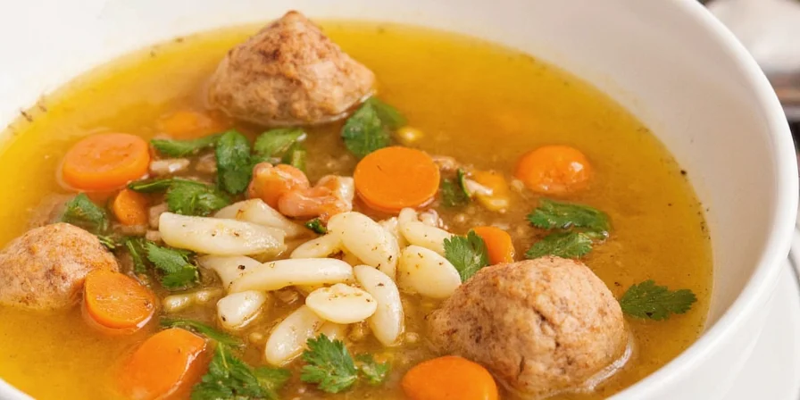 Chicken soup with various spices around