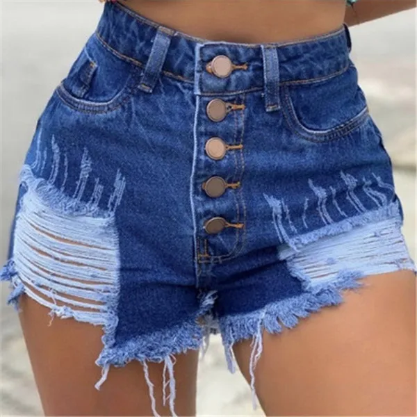 

Hot Sell New Sexy High Waist Rripped Fringed Button Short Jeans Women Clothing, As picture