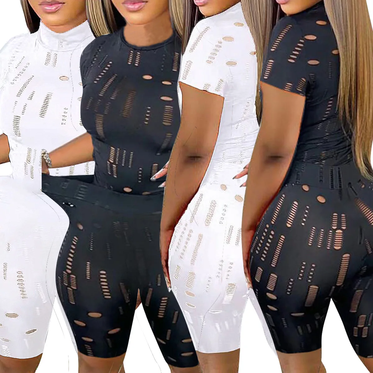 

L2124 - fashion short sleeve hollow out shots women short pants two piece set