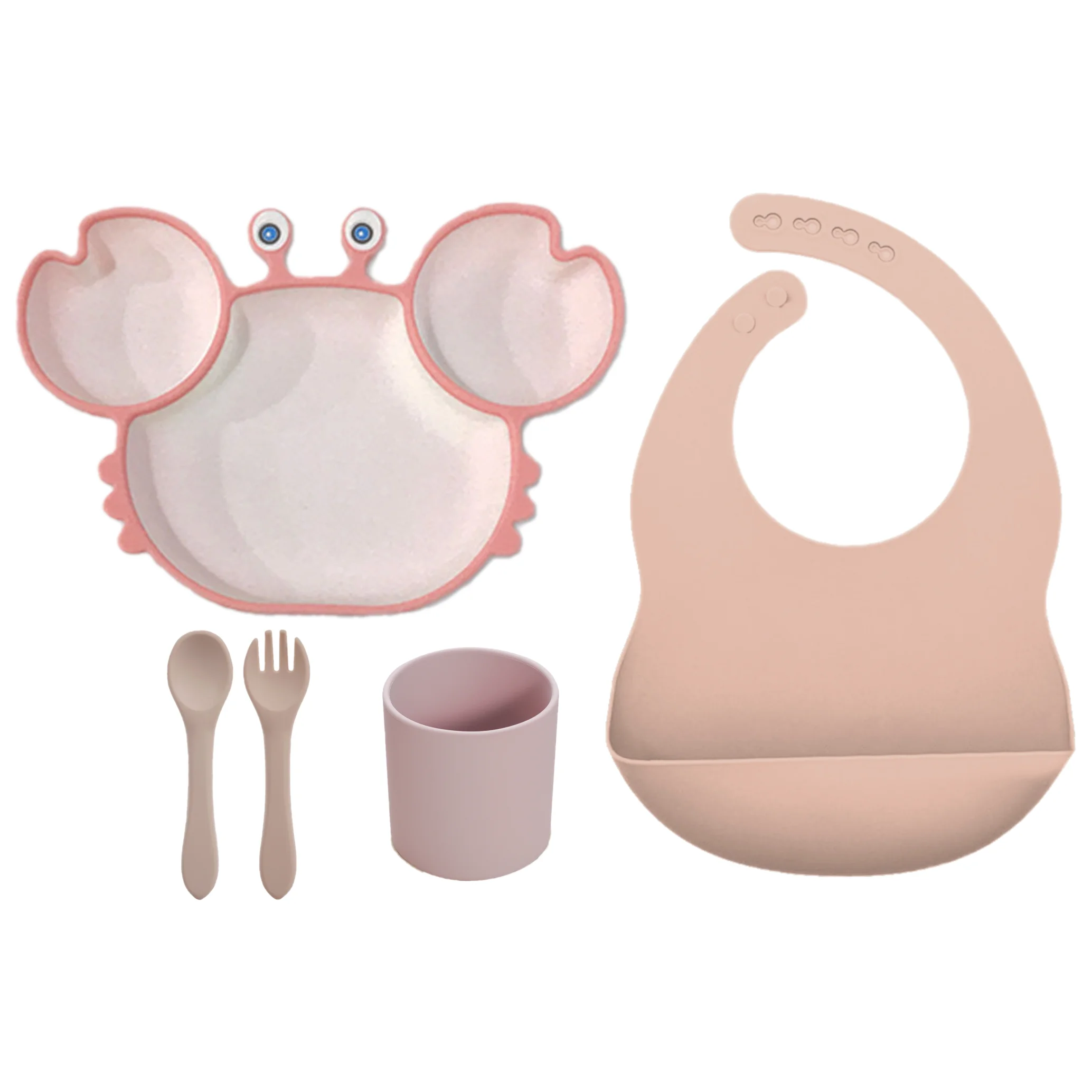 

YoFun 5PC Silicone Baby Dishes Children's Tableware Plate Non-slip BPA Free Crab Baby Feeding Bowl Spoon Fork and Bib