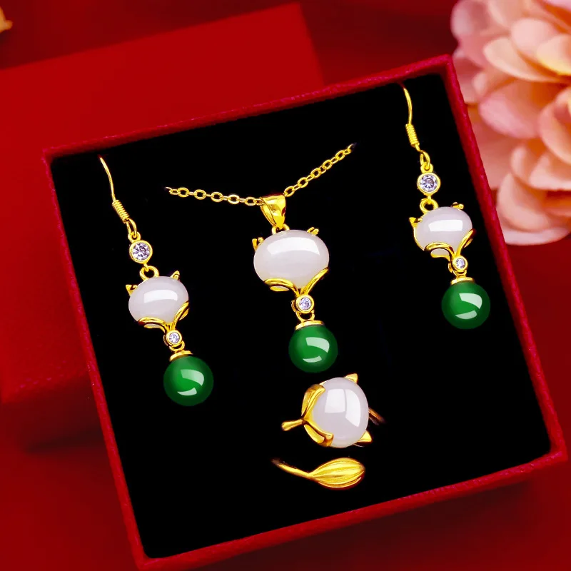 

Emerald 18K Gold Plated Necklace Drop Earring Jewelry Set for Women Green Gemstone Stone Pendant Jade Clavicle Necklaces