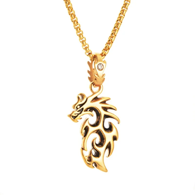 

Fashion Retro Chinese Hollow Out Flying Dragon Mark Pendant Titanium Steel Couple Necklace Gold Necklace Rhinestone