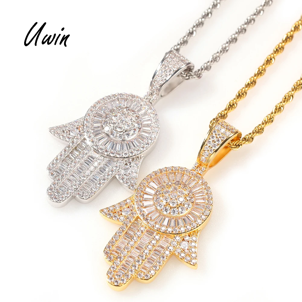 

Hip Hop Iced Out Baguette CZ Hamsa Hand Pendant Wholesale Necklace Jewelry