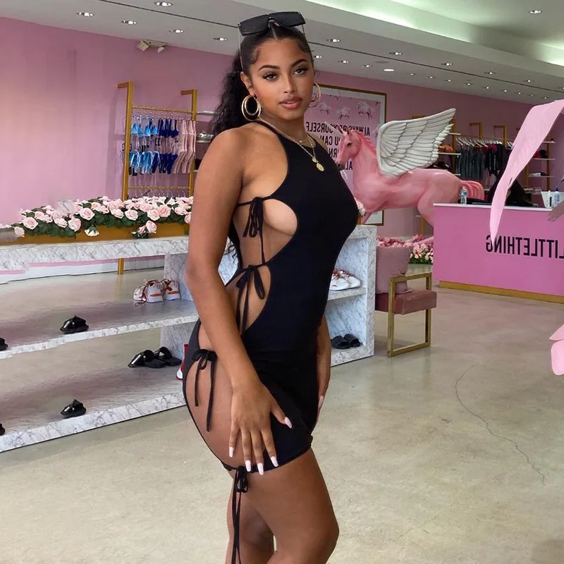 

Sexy Hollow Out Lace Up Bandage Dresses Women Sleeveless Summer Dress Wrap Mini Bodycon Dress Club Vestidos C13791