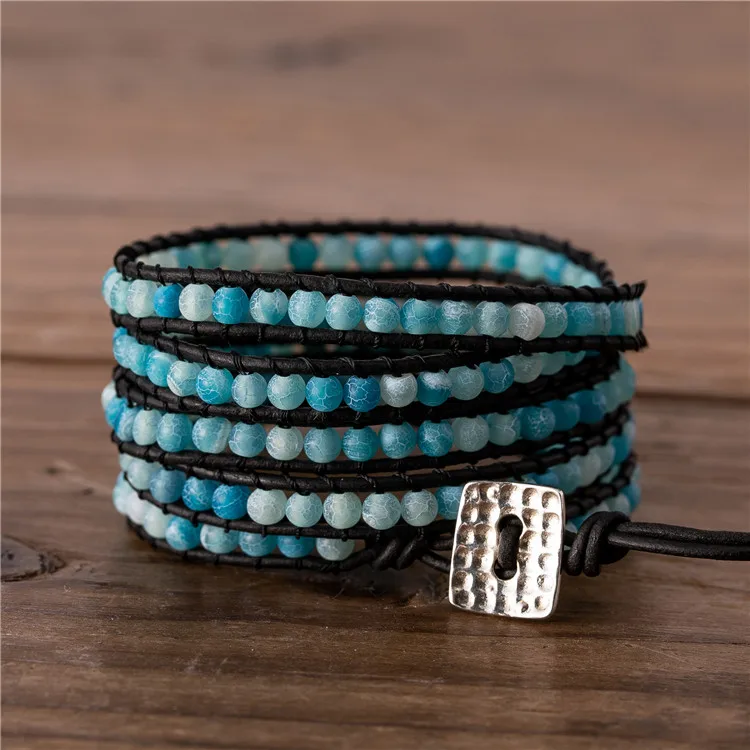 

Exclusive blue frosted agate beaded wrap around bracelet for women and men