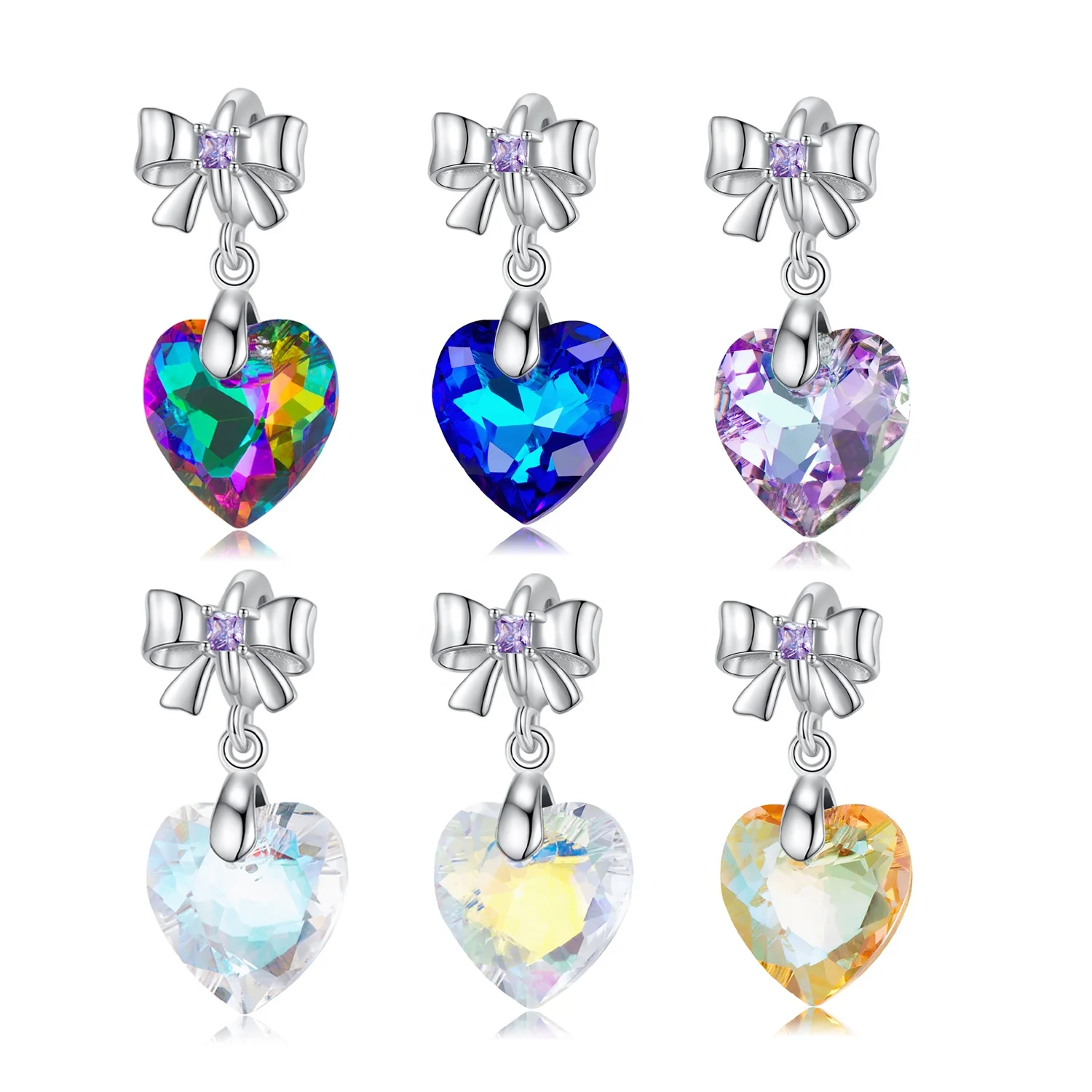 

Real 925 Sterling Silver Heart Charm Multi-color Crystal Fairy Tale Love Bowknot Pendant Fit Women Bracelet Fine Jewelry making