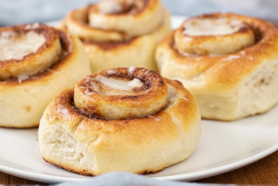 Perfectly golden brown cinnamon rolls fresh from the oven with cream cheese icing dripping down the sides on a white ceramic plate