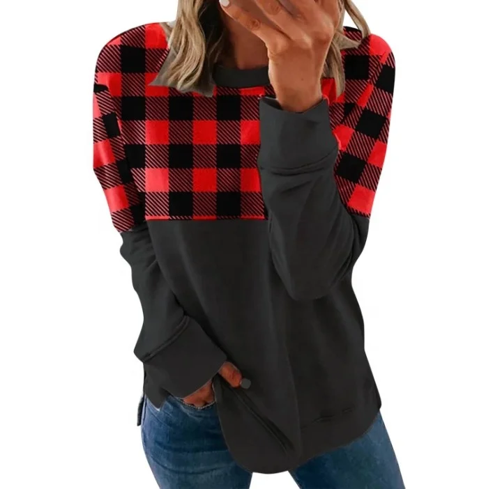 

Hot selling fall and winter women round neck casual long sleeve loose plaid print hoodie for sale, Picture shows