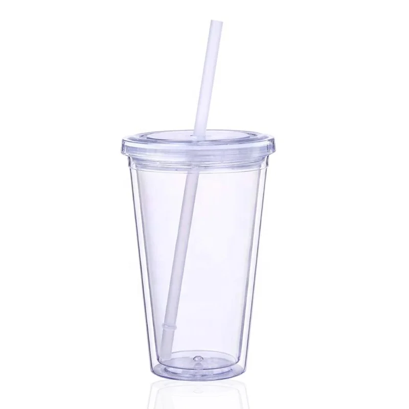 

16oz Double Wall Clear Plastic Tumbler with lid and Straw BPA free Transparent Cold Drink Cups Customized Logo Wholesale