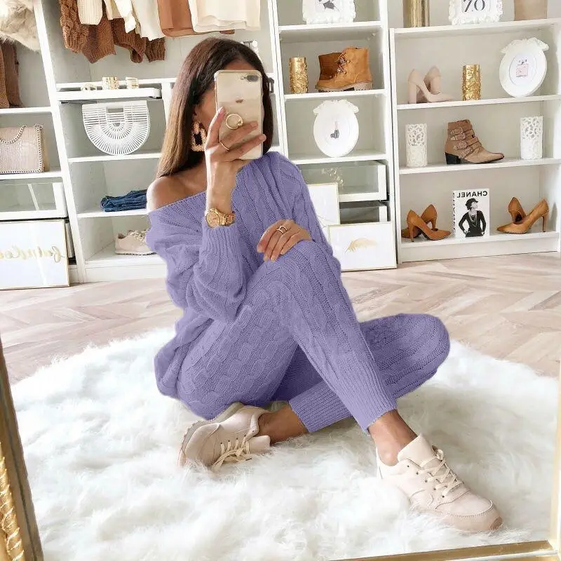 New Off Shoulder Knit Pullover Sweater and High Waist Pant Set