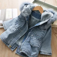 

kids faux fur coat winter girls denim jacket fleece pink baby girl jacket cherry fashion wholesale children clothe boutiques