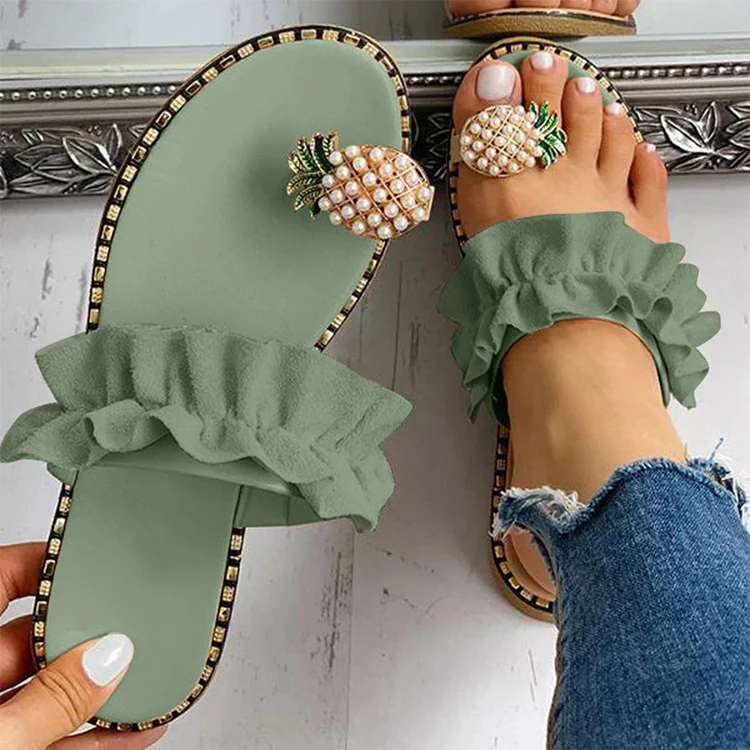 

Women Flat Toe Shoes Bohemian Casual Beach Ladies Platform Pineapple Pearl Sandals, 5 colors