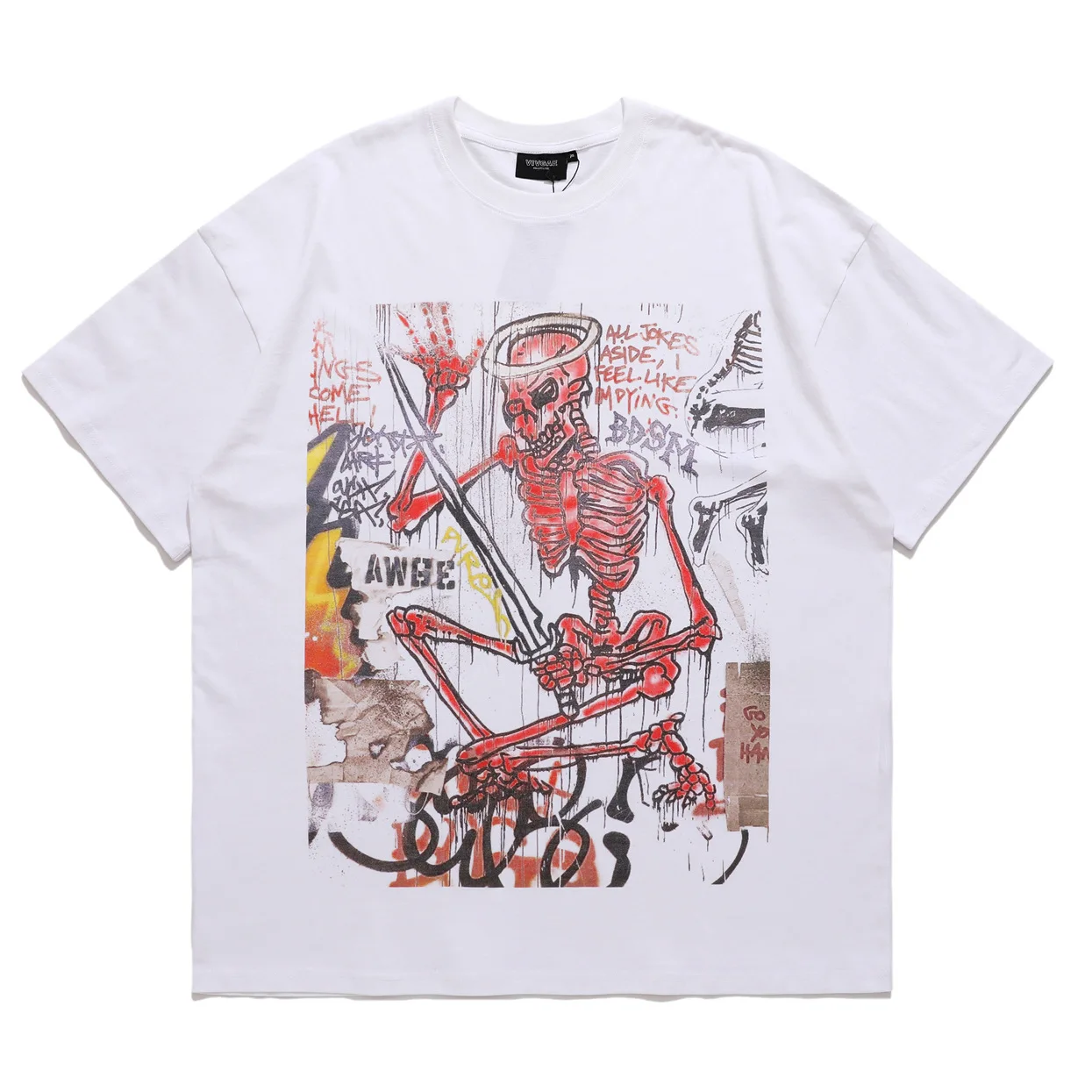 

2022 New Style National Fashion Original Oversized Niche Bad Fun Graffiti Skeleton Printing Plus Loose Top T-shirt, Picture