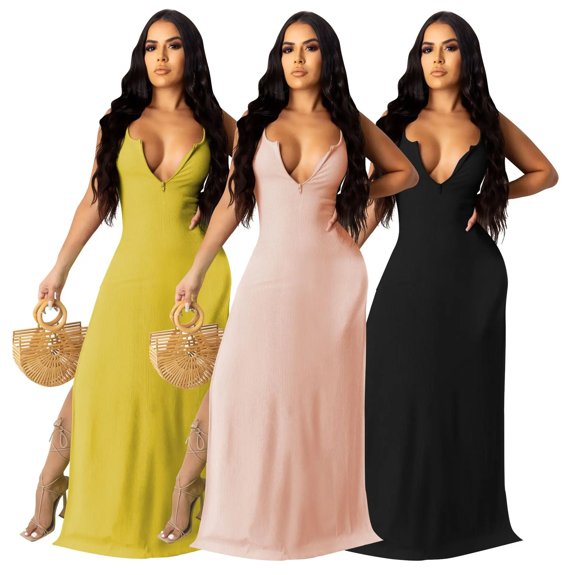 

2021 New Arrivals Fashion Women Casual Front Zipper Sleeveless Vest Solid Side Split Slip Dress, Picture show