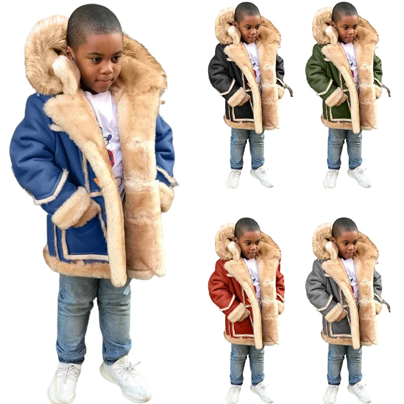 

2022 New Arrivals Winter Boys Leather Jackets For Kids Fur Fleece Thick Coat Denim Jacket With Fur Collar Kids Faux Fur Jacket