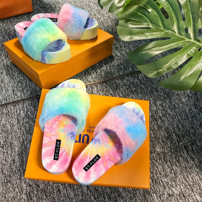 

Wholesale Women Rhinestone Sandals Lady Tie Dye High Heel Flat Slippers Fashion Furry Fur Soft Winter Warm Slides