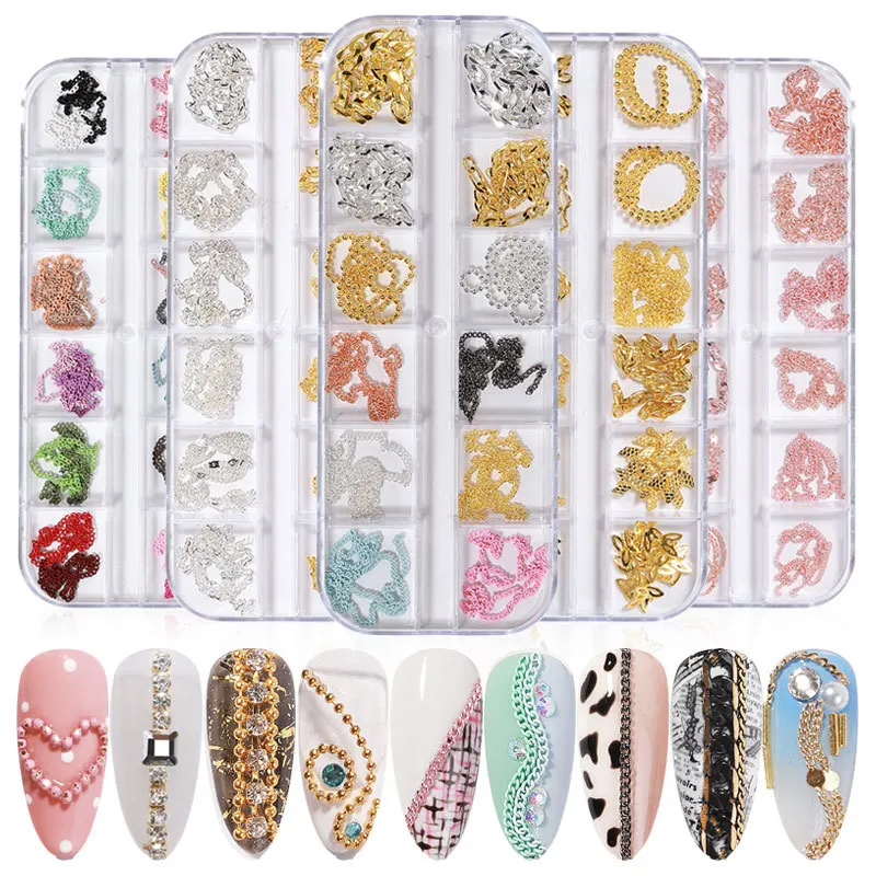 

12 Grids Metal Chain Rivet Nail Art Decoration Studs Manicure Design Mixed Style Gold Silver Jewelry DIY 3D Charms Accessories