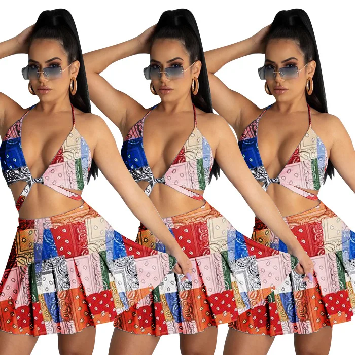 

bras pleated skirts suits two pieces sets for women summer fashion paisley designs clothing outfits