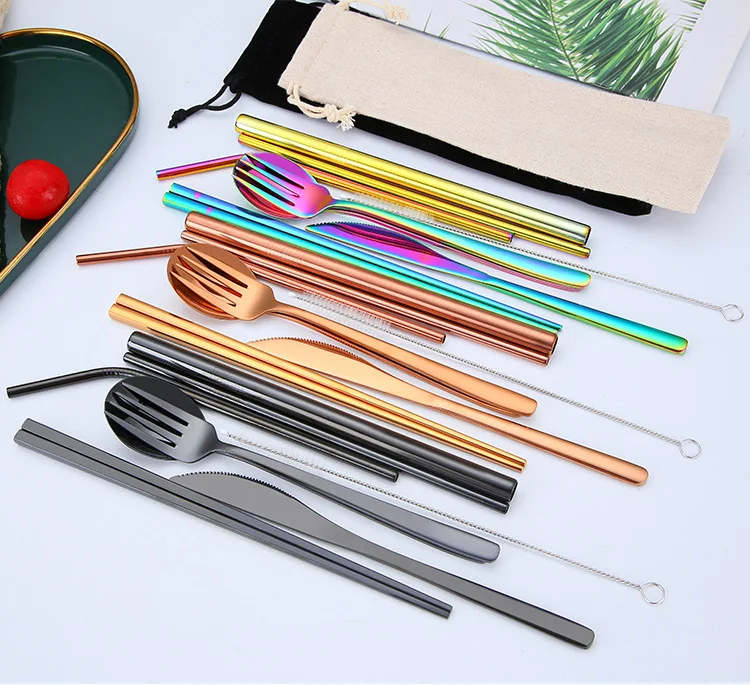 Reusable Metal Straw Spoon Fork Chopsticks Stainless Steel Portable