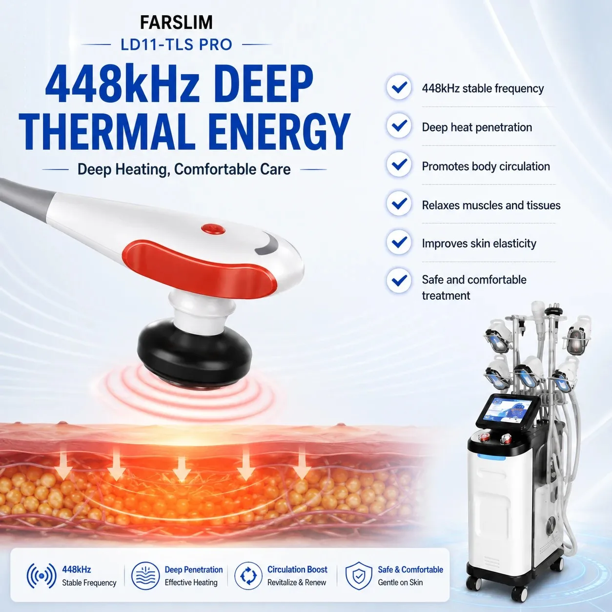448kHz deep thermal energy handpiece for controlled tissue warming, circulation support, and skin elasticity care.