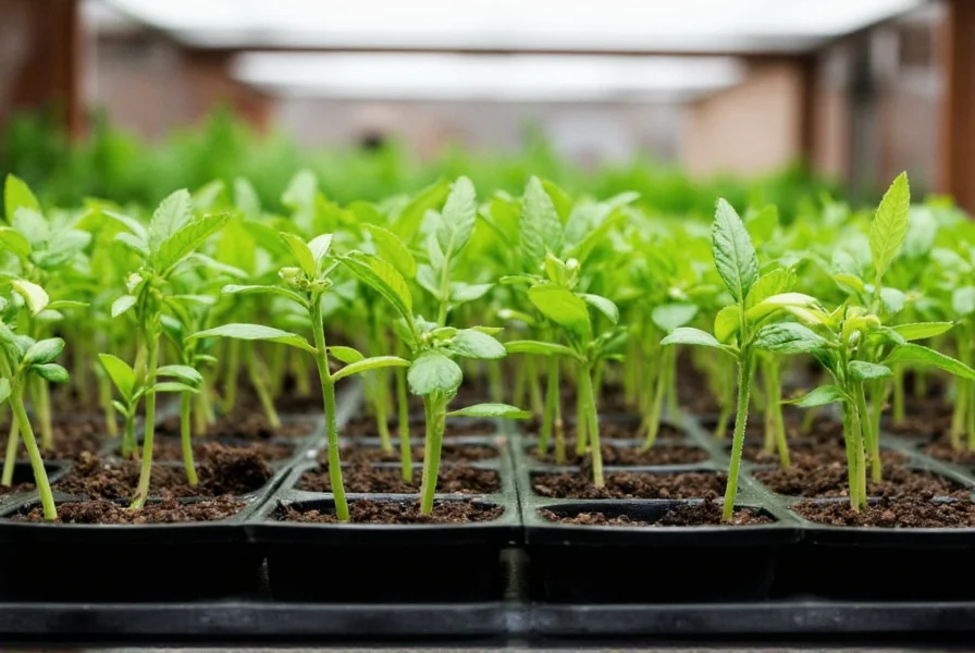 Pepper seedlings growing in starter trays with proper lighting and spacing