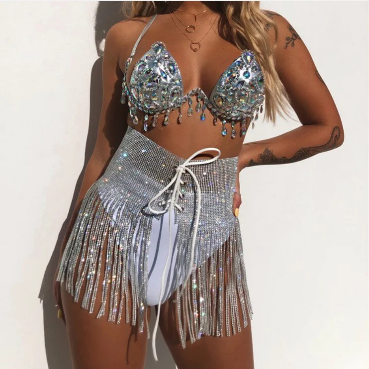 

Sexy Women Silver Rhinestone Tassel Skirts Ladies Sparkly Diamond High waist Body Chain Nightclub Mini Skirt