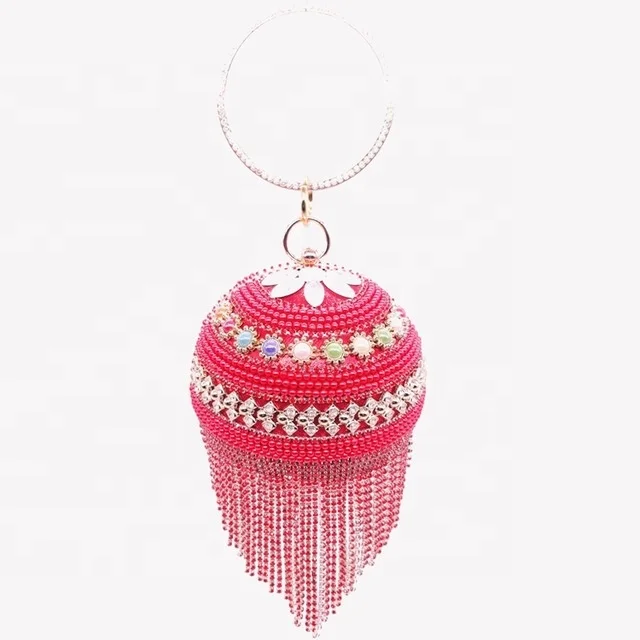 

Round Tassel Cosmetic Bag Portable Rhinestone Party Wallet OEM Model Diagonal Dress Bag, Red