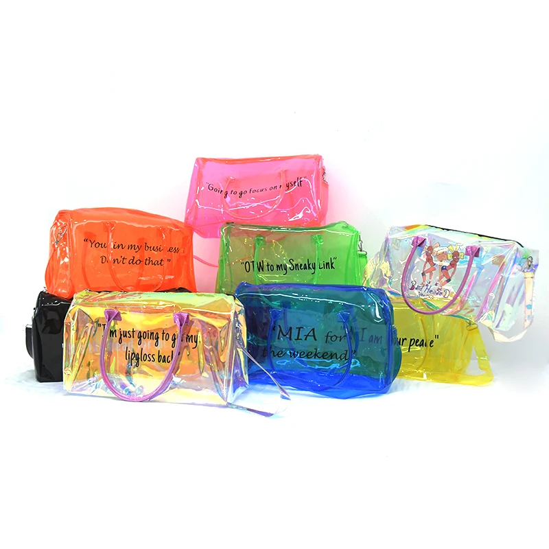 

2021 overnight tote spend a night handbag custom gym bag PVC transparent colorful silicone jelly make up holographic duffle bag, Customized color