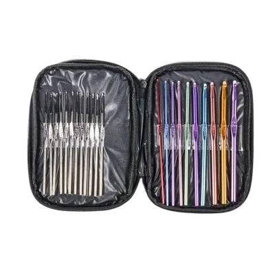 

22 pcs Crochet Hook Needle Set Knitting Tools Sweater Different Color Silver Metal Bamboo Hooks Leather Case Wholesale