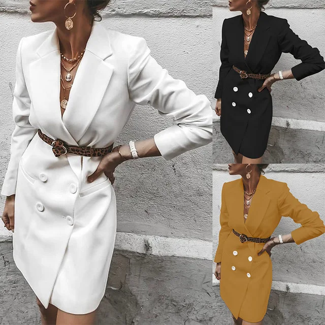 

New Fashion Women Dress Solid White High Waist Casual Slim OL Dresses Sexy Plunge Neck Elegant Blazer Mini Dress