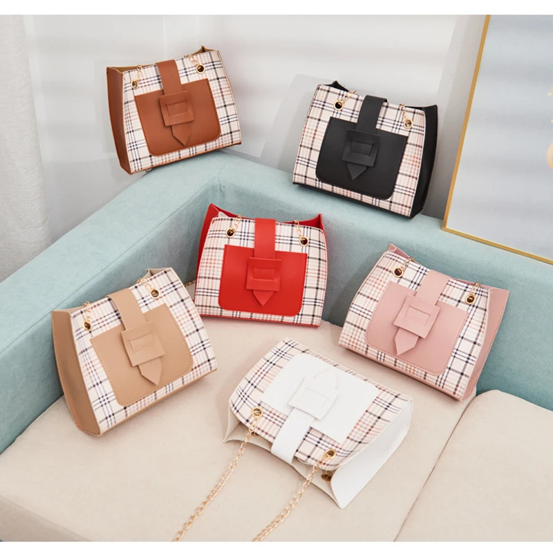 

summer New pu plaid printing luxury mini bucket chain handbags designer custom leather plaid Messenger women small handbags