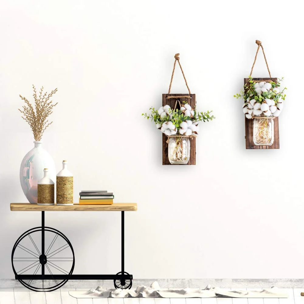 
Home Decoration Hot selling Battery Operated Rustic Hanging Jar Cotton Mason Jar Wall Sconce 