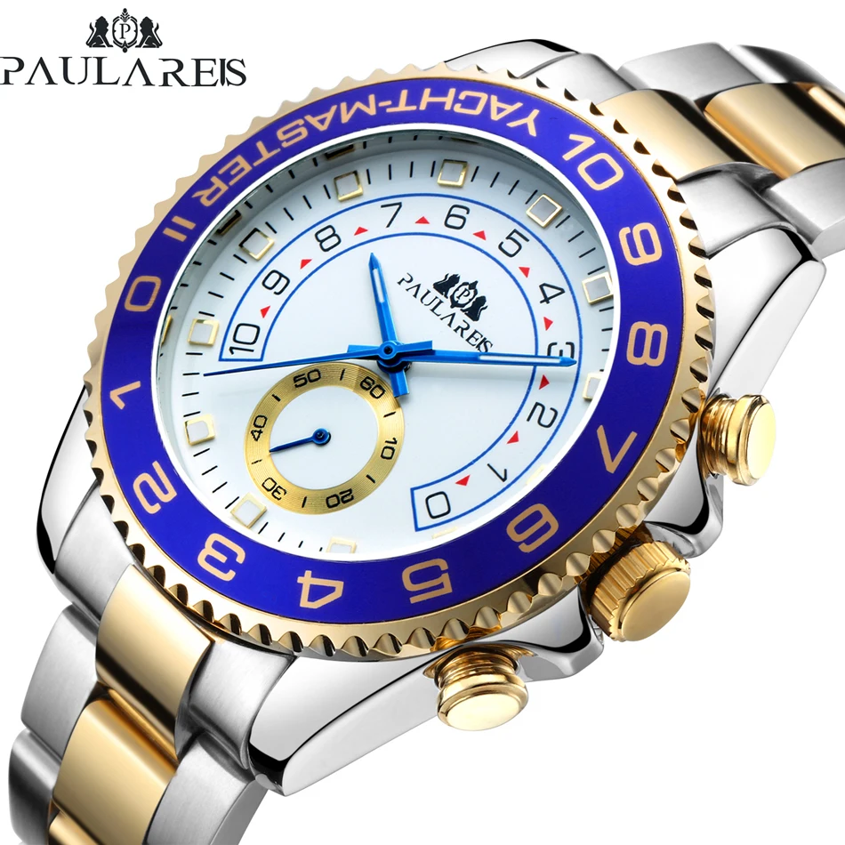 

Paulareis Branded Original Men Automatic Mechanical Stainless Steel Strap Casual Yellow Gold Bezel Master Business Hand Watch, 8 colors