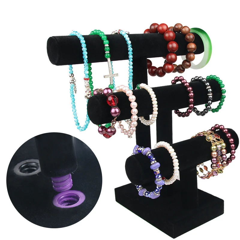 

Black velvet detachable 3 tiers T-bar bracelet display holder with screws